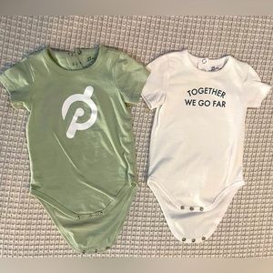 Two Peloton Baby onesies boy / girl. Green and white.